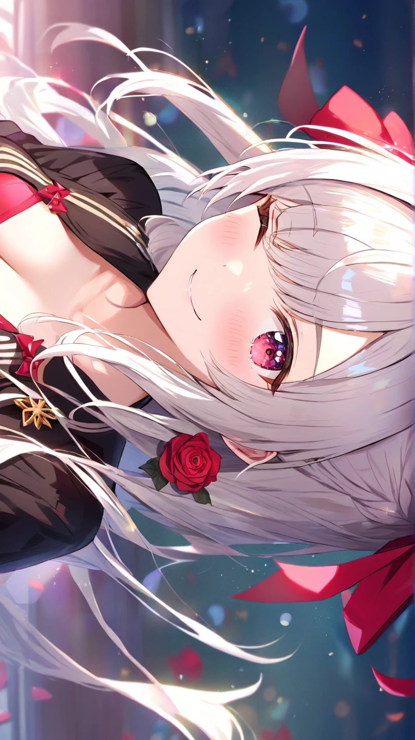 White Hair、Pink Eyes、Short Hair、laughing、Only one girl、alone、Cute、Face is close、Night、laughing、At the bed、Blushing、Erotic、Stick your tongue out、Sweating