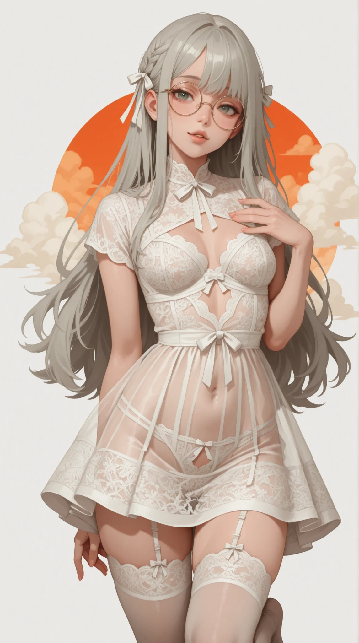 Cute little anime going for a walk with a revealing white dress, small, white dress, tight panties, white hair, , , uncomfortable smile, see through dress,