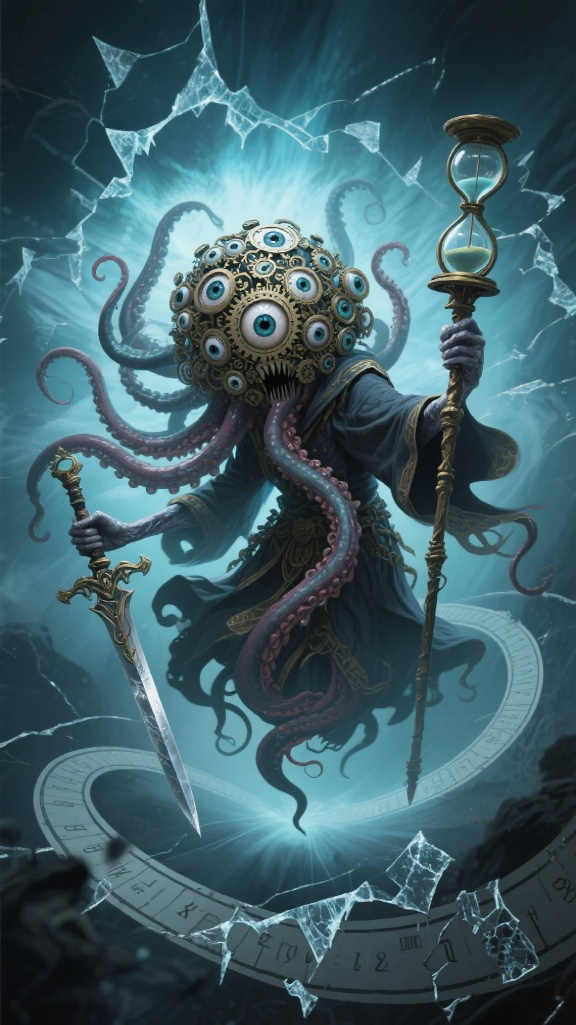 black cultist with yellow mask, Surrounded by yellow tentacles and mist