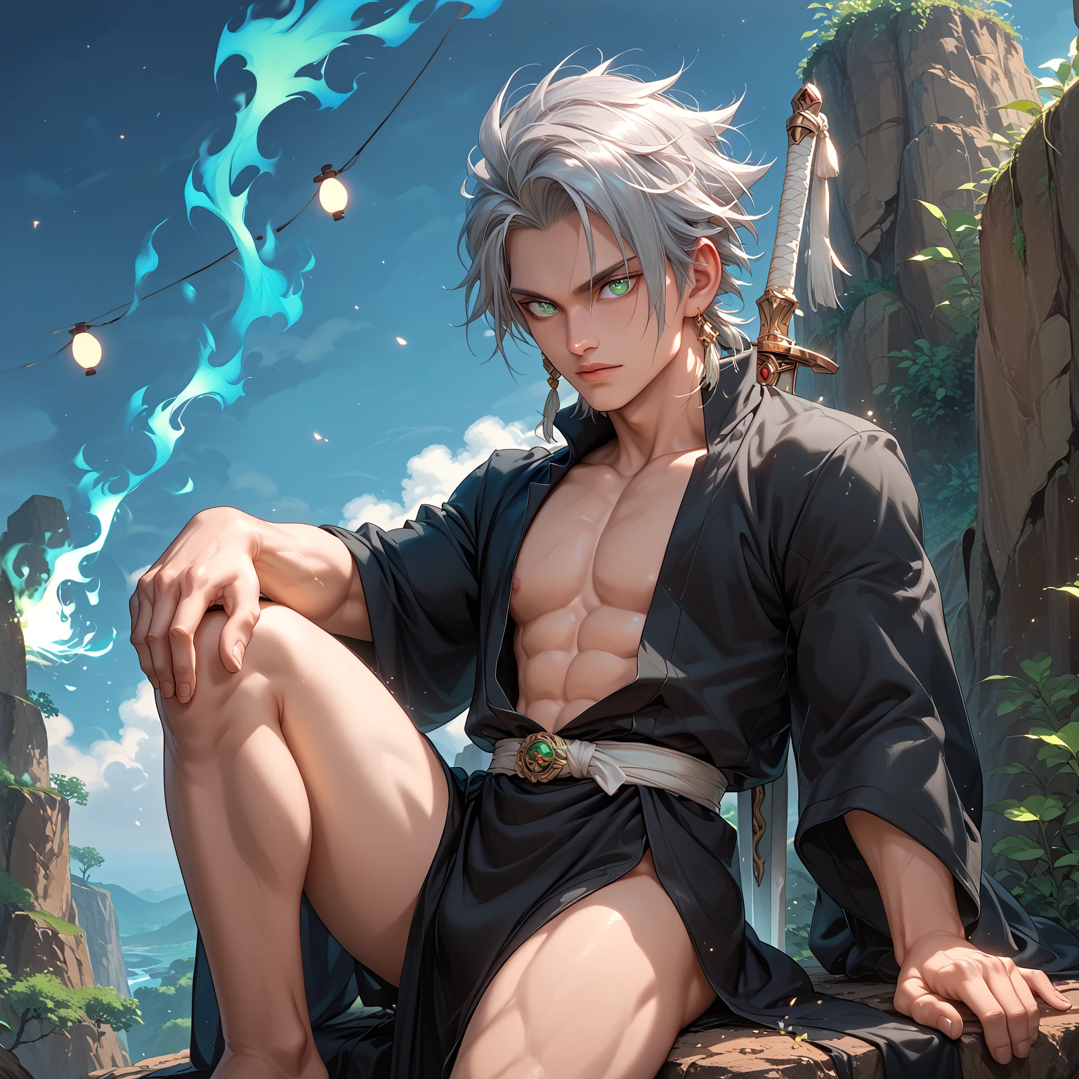 1 young boy, details Intricate, 1 men, bonitas, White hair, vibrant green eyes, slim ripped m, アニメ,19 years, a small goatee, kimono de Shinigami, Shinigami, , Tank top, kimono, 2 Katanas, two swords, double katana, katana longa, ceifera of souls