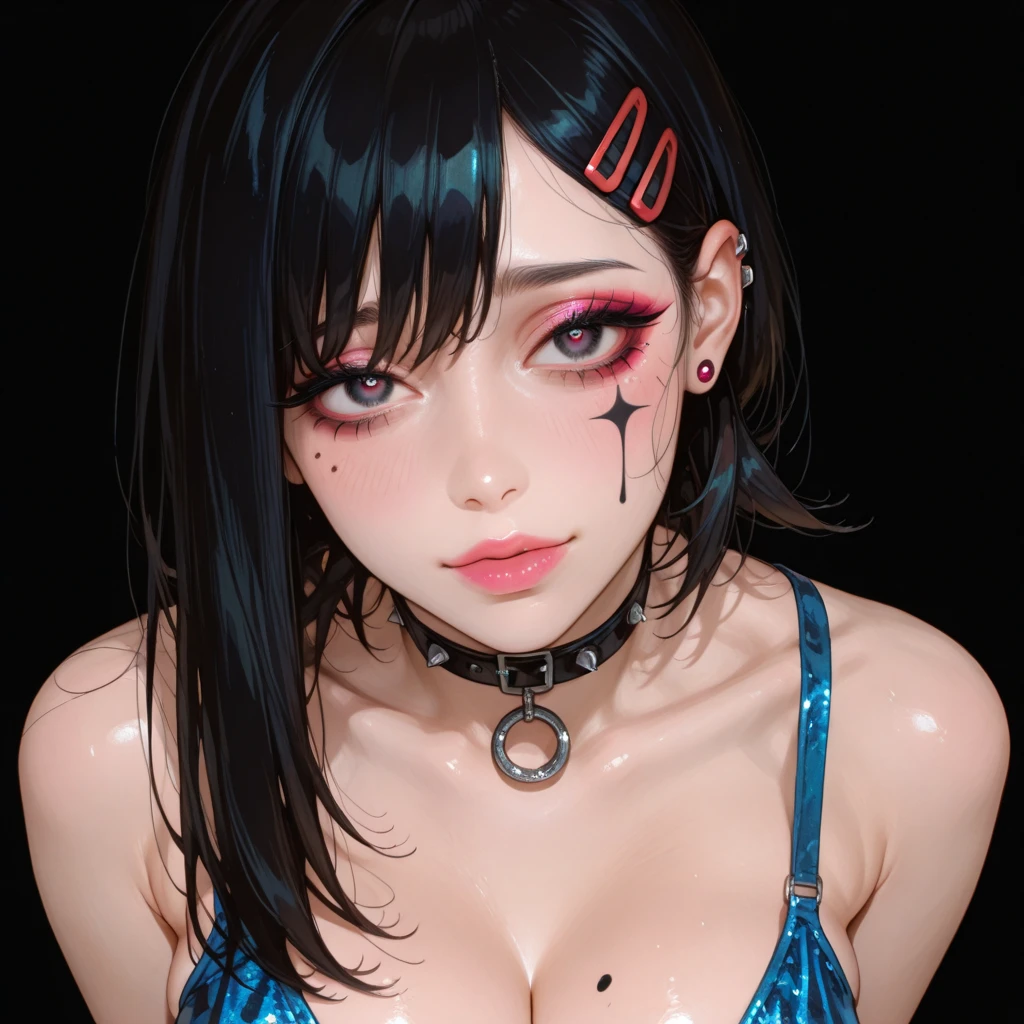 masterpiece, best quality, a photo of a beautiful woman, tattooedgirl, full body, night sky, skinny, large breasts, black hair, blue eyes, smile
