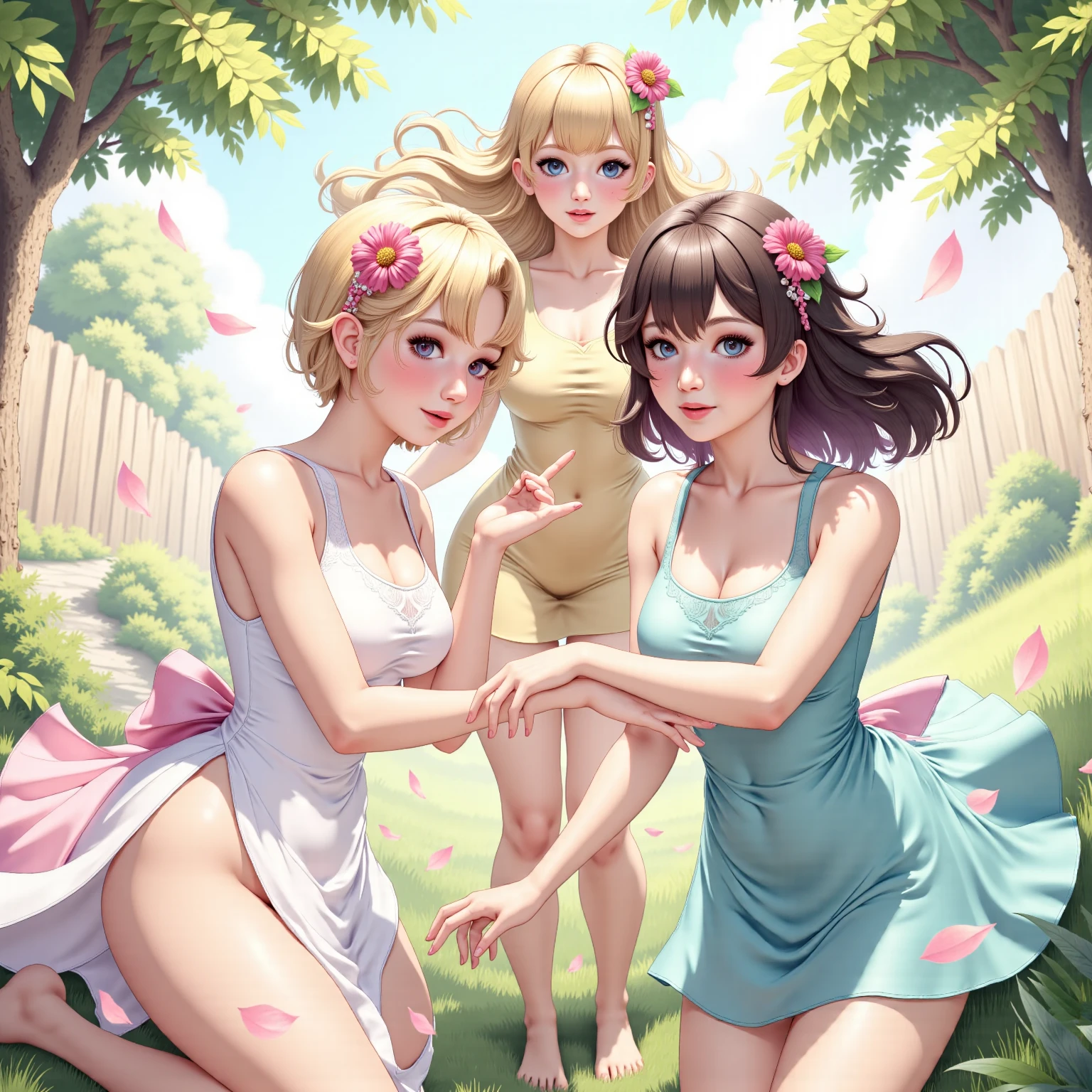 (masterpiece, best quality:1.4), (8K), Young blonde beauty, (((2 girls in love, 18 years old, neat girl))), detailed blue eyes, long eyelashes, blush, kind smile, horny, upper body, topless, small ass, slender thin legs, vagina, (looking at viewer), beautiful blonde hair, white-skinned, straight bangs, pigtails, squeezing, on top of each other, open legs, (medium size breasts), (mushroom forest, celestial forest, beautiful and magnificent pink sunshine, majestic sky), natural light, pastel colors)