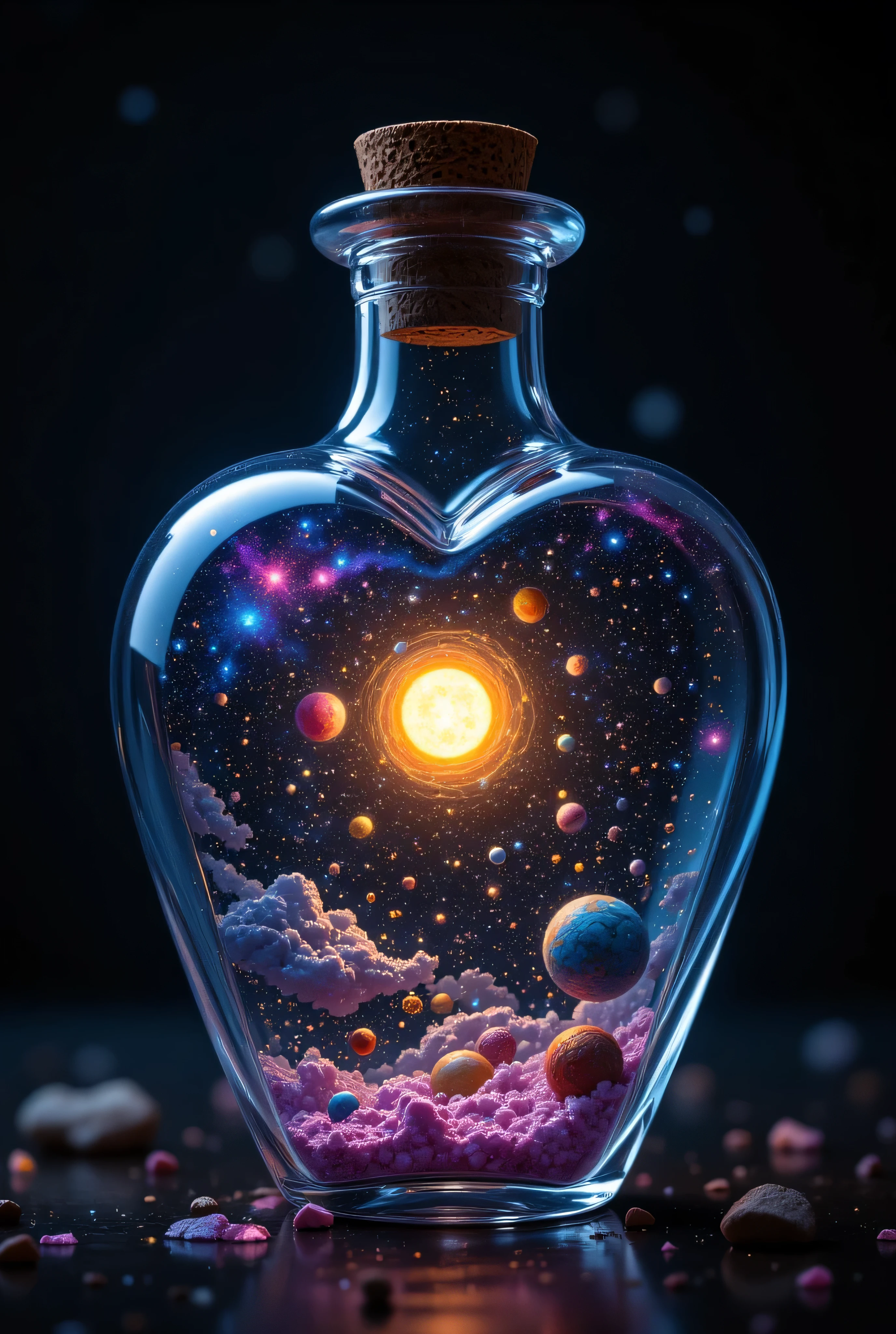 A detailed close-up shot of a heart-shaped glass bottle containing a meticulously rendered miniature galaxy and solar system. The glass is crystal clear, showcasing intricate details of swirling nebulae in vibrant blues, purples, and pinks, contrasted by the warm yellows and oranges of the miniature sun and planets. Tiny, meticulously painted planets orbit a central sun, their surfaces textured to suggest rocky terrain or swirling gas giants. The background within the bottle is a deep, inky black, emphasizing the cosmic scene. The heart-shaped bottle itself is illuminated from the front, creating subtle highlights and reflections that accentuate its curves. The overall lighting is soft and diffused, avoiding harsh shadows and enhancing the ethereal quality of the scene. The style is hyperrealistic, emphasizing detail and precision; reminiscent of scientific illustration mixed with fantasy art. The image evokes a sense of wonder and awe, creating a magical, intimate scene. The perspective is directly in front of the bottle, filling the frame with the contents and the bottle's form. The texture of the glass is smooth and slightly reflective, while the planets and nebulae possess a subtly textured surface. The mood is one of serene wonder and cosmic beauty.