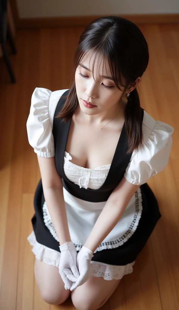 (highest quality:1.4), Beautiful Face, 8k, 85mm, Absurd, (Maid:1.4), Show your whole body, Angle from the front、Show me your shoulders,Cleavage of the breast、To the camera、 Viola Lace, Gardenia, Delicate girl, alone, night, Looking at the audience, Film Grain, chromatic aberration, Sharp focus, Face Light, Professional Lighting, Sophisticated, (smile:0.4), Cleavage, (Simple Background, Background blur:1.2), Detailed aspect、double bun、Brown Hair、Small breasts、Kneel on the floor