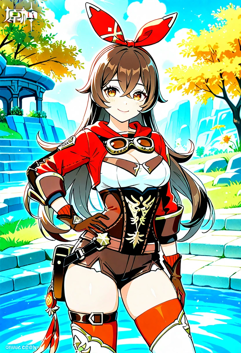 sharp focus, masterpiece, best quality, soft lighting, absurdres, ancient ruins, looking at viewer, solo, smile, goggles on head, amber \(genshin impact\), brown eyes, brown hair, long hair, red hair ribbon, brown short shorts, leather gloves, pouch, thighhighs, white boots, medium breasts, cleavage cutout, shrug \(clothing\) full body