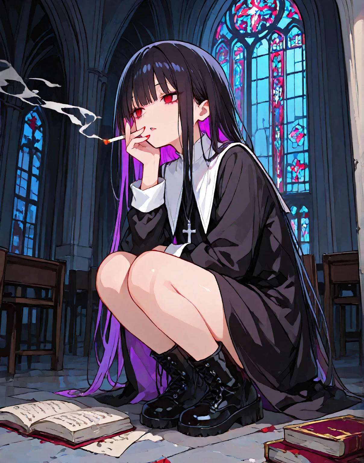 masterpiece, best_quality,night,dark indoor ,1girl, solo, goth, (disheveled hair),[orange hair:purple buttom hair:0.8],[:colorful hair:0.7],forehead,very long hair,(colored inner hair:1.3),(gradient hair:1.2), blue and purple  eyes,black dress,rose,flower, black lip,pale skin, black lipstick and eyeshadow,dark,candle,gloomy,church,
