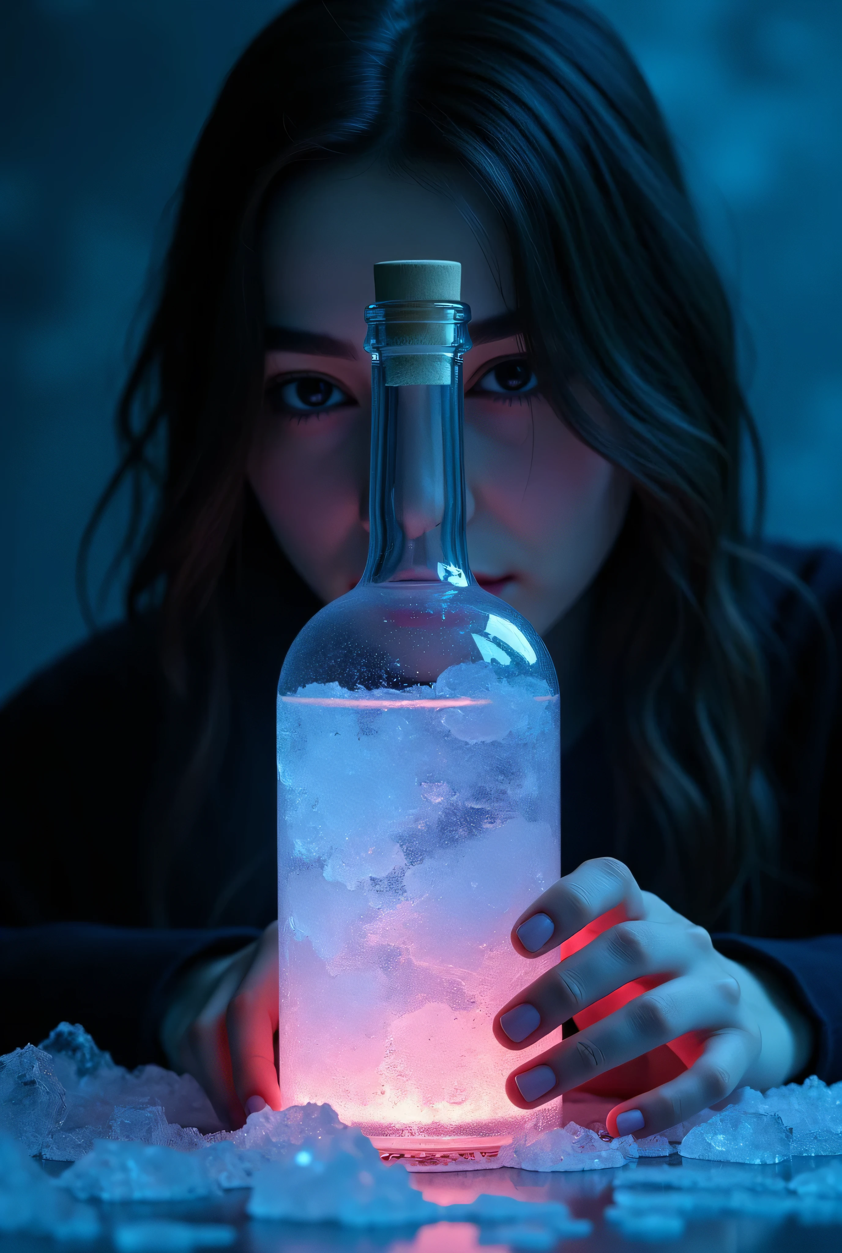 masterpiece、The dark indigo glass bottle、contains ice, liquid, and red LEDs and emits light、Beautiful woman peeking in from behind
