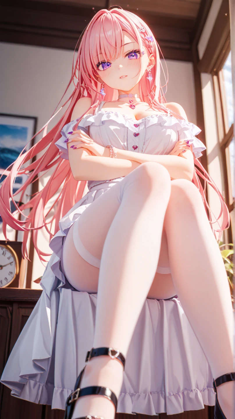 giant girl 50,000 feet high,Weight 1000kg,Has a pair of huge pink angel wings,With huge devil horns on his head,crown on head,Elf wearing pink earrings,She has long pink hair that reaches her feet,loose hair,Pink wavy long curly hair,Wearing a pair of pink boots,Pink lace gloves,Pink lace pantyhose,Pantyhose with bow and star decorations,粉色蕾丝whole body,Sitting elegantly on a tall building,Beautiful appearance,Exquisite makeup,quality,8k,高quality,Perfect proportion, Cinema lighting,film grain,Fuji colors,8k,textured skin,Super details,high detail,high resolution,fake smile,blood stains,脚底有blood stains,whole body,Obese,elf princess,feather,flowers