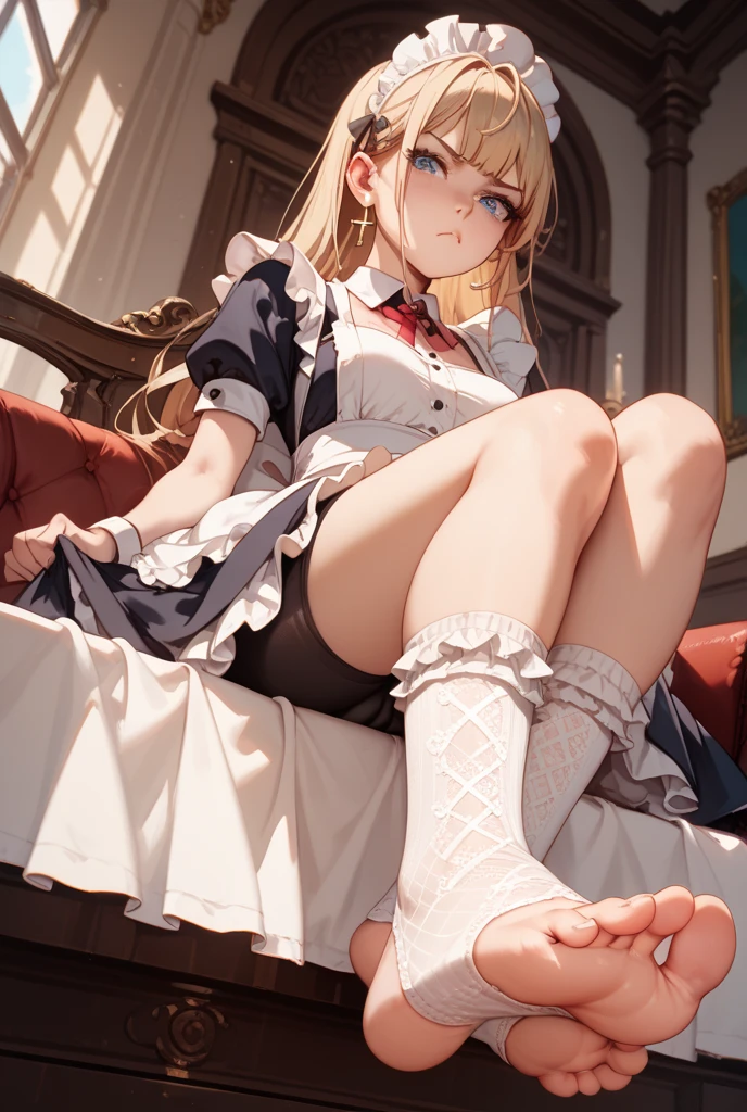masterpiece, high quality, a girl, long blonde hair, light blue eyes, medieval attire, loose white shirt, old skirt, dirty antique boots,
deck bottom of an old ship