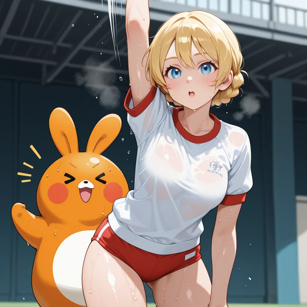 masterpiece, best quality, 1girl, blonde hair, buxom, pudgy, feminine, female, beautiful woman, big ass, long hair, large breasts, pudgy, , brown eyes, muscular legs, toned legs, thick legs, chubby, meaty legs, voluptuous, curvaceous, long legs, Rubenesque legs, plump, ponytail, white dress, white miniskirt, pink headband, loose socks, sneakers, seiza, looking at viewer, large breasts, shiny skin, abstract background, vivid colors, paint splashes, rainbow theme