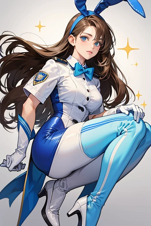 portrait, d.va, friendly face expression, long hair, police uniform, skirt suit, formal police uniform, suit and tie, suit jacket, necktie, blazer, bodycon miniskirt, pencil skirt, belt, white gloves, police cap, pantyhose, epaulettes, friendly face expression, looking at viewer, salute, sunlight, best quality, sunlight,best quality