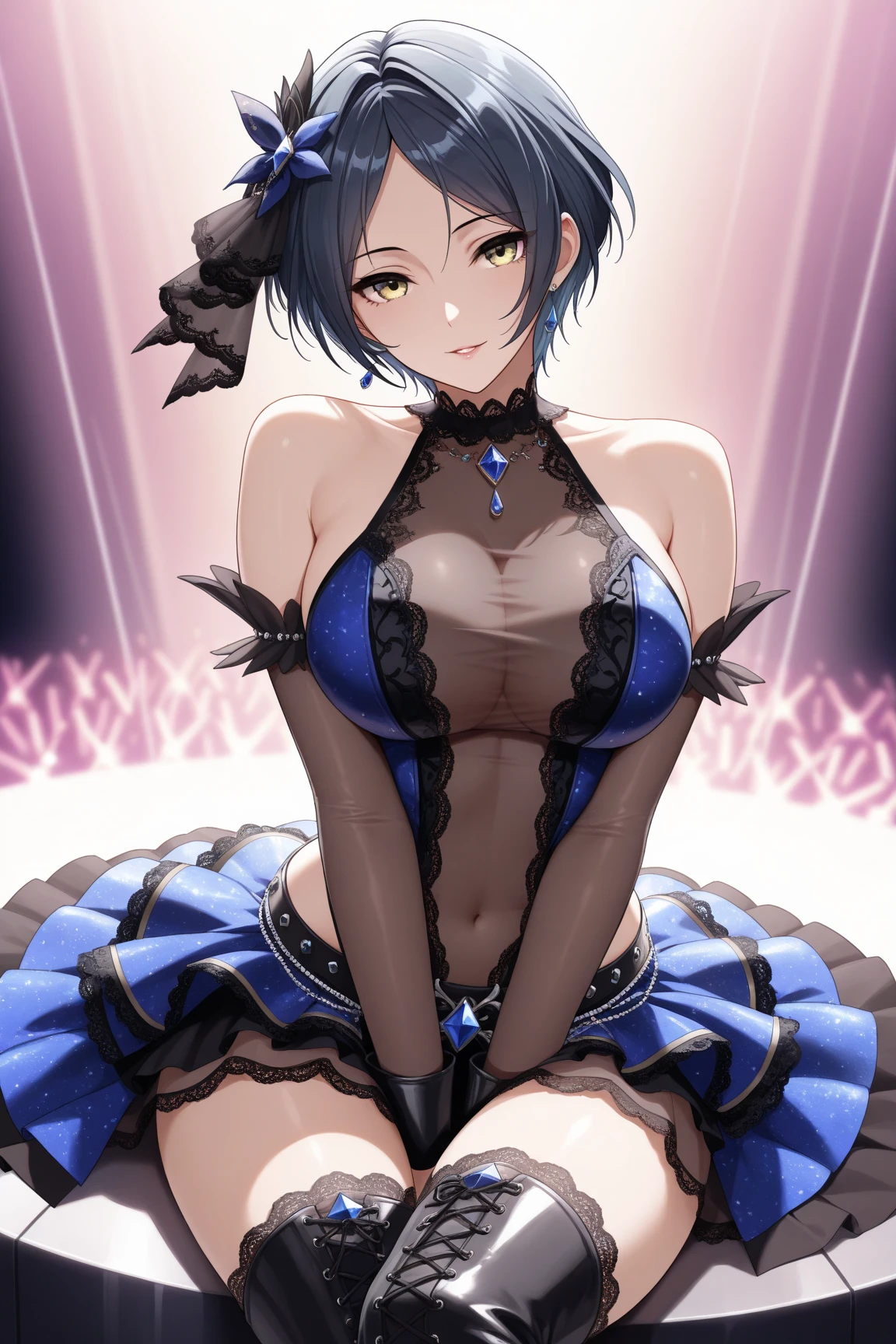 NSFW,((1man with 1woman,Having sex)),Woman on top,from behind,One ,The dress is pulled up,Smile with open mouth,Luxurious ornaments,noble,Princess,Tiara on the head,Short black hair,((bared chest)),(Heterochromia),Revealing clothes, Lori,small tits,Curvaceous,Exposed genitals,High resolution,Best Quality
