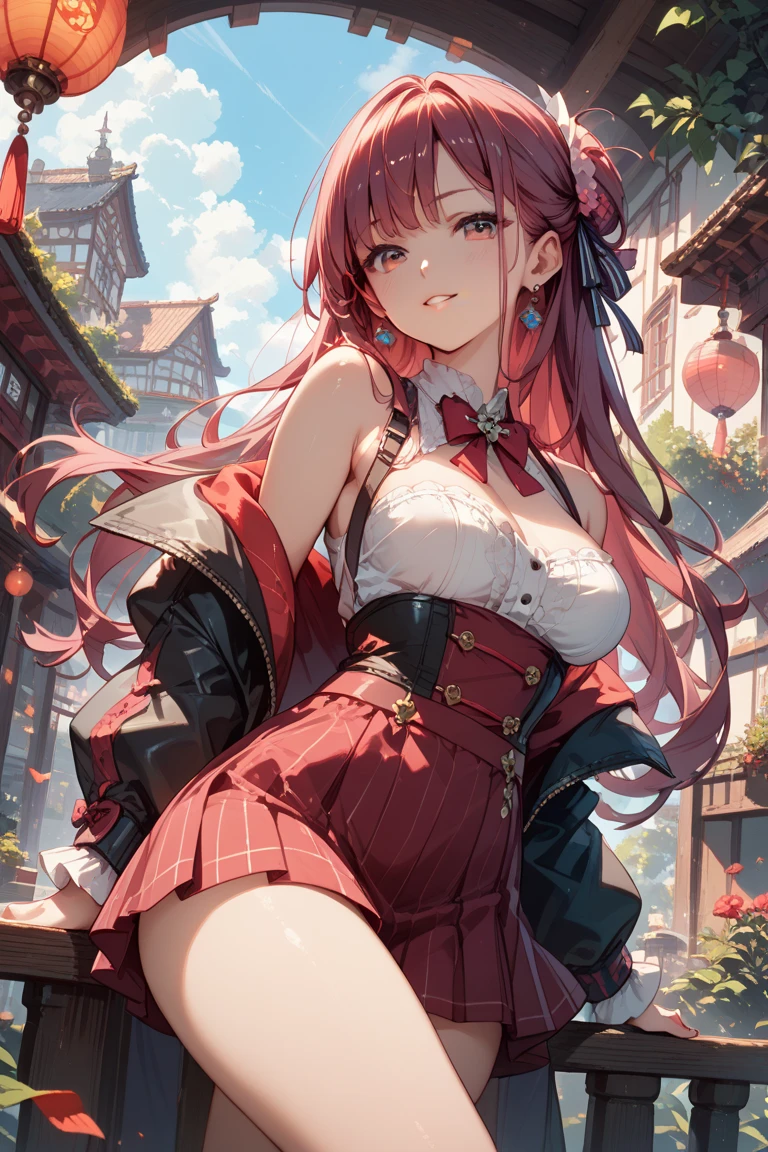 Masterpiece, animerealistic, Top quality, Ultra high definition, Maximum resolution, Very detailed, Professional lighting, kabedon pov, looking up at viewer, smug, glowing eyes, One girl, she’s a female oni, devilish girl, she has light red hair, gothic demoness, Very cute, Sit, Spread your legs, Raise your legs, submissive , long hair, Hairpin, a corset top, gothic lingerie, accentuated breasts, sweat, yellow eyes, beautiful eyes, wearing mascara,  Blush,