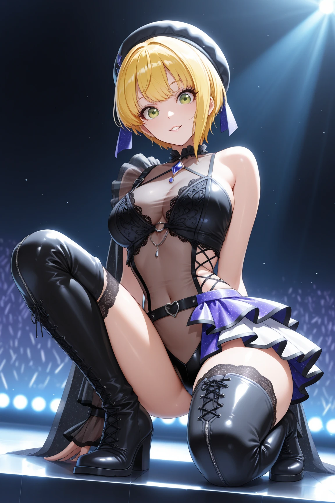 Mirror selfie, choker, best quality, highest quality, 1girl, bedroom, (kneeling), (ahegao), (purple lace bra), (drooling), (brainwashed:1.2), (hand on breasts), (breast squeeze), (short blonde hair), (legs spread), skinny, blushing, eyes wide, (knees spread), 18yo, (begging), (short purple plaid skirt), teasing, smirking, (tights).