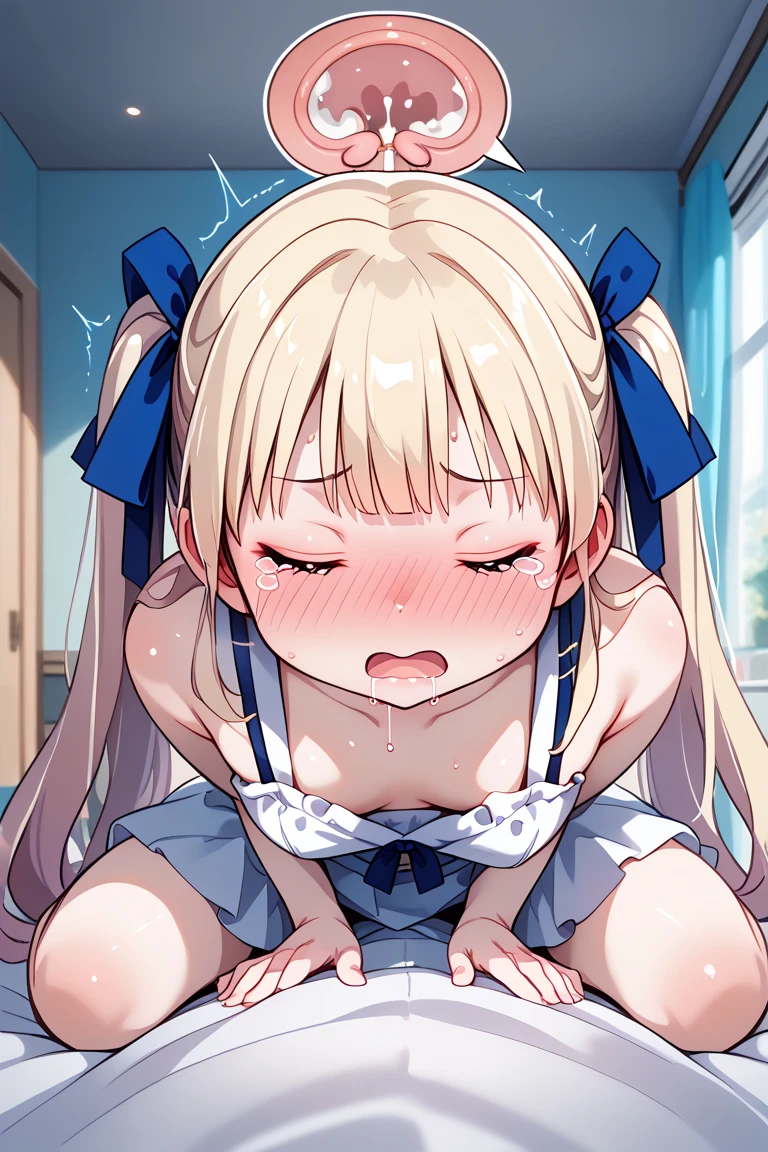 NSFW, pussy,((Cum Drip)), (completely nude), (Crying), (masterpiece, best quality:1.2), 1girls, solo, (portrait:1.2), blonde_hair, long_hair, blue_eyes, hairband, mini_crown, hair_bow, bangs, black_hairband, small_breasts, white_bow, very_long_hair, fang, flat_chest, v-shaped_eyebrows, full_body, ribbon, illustration, 8k, hd
