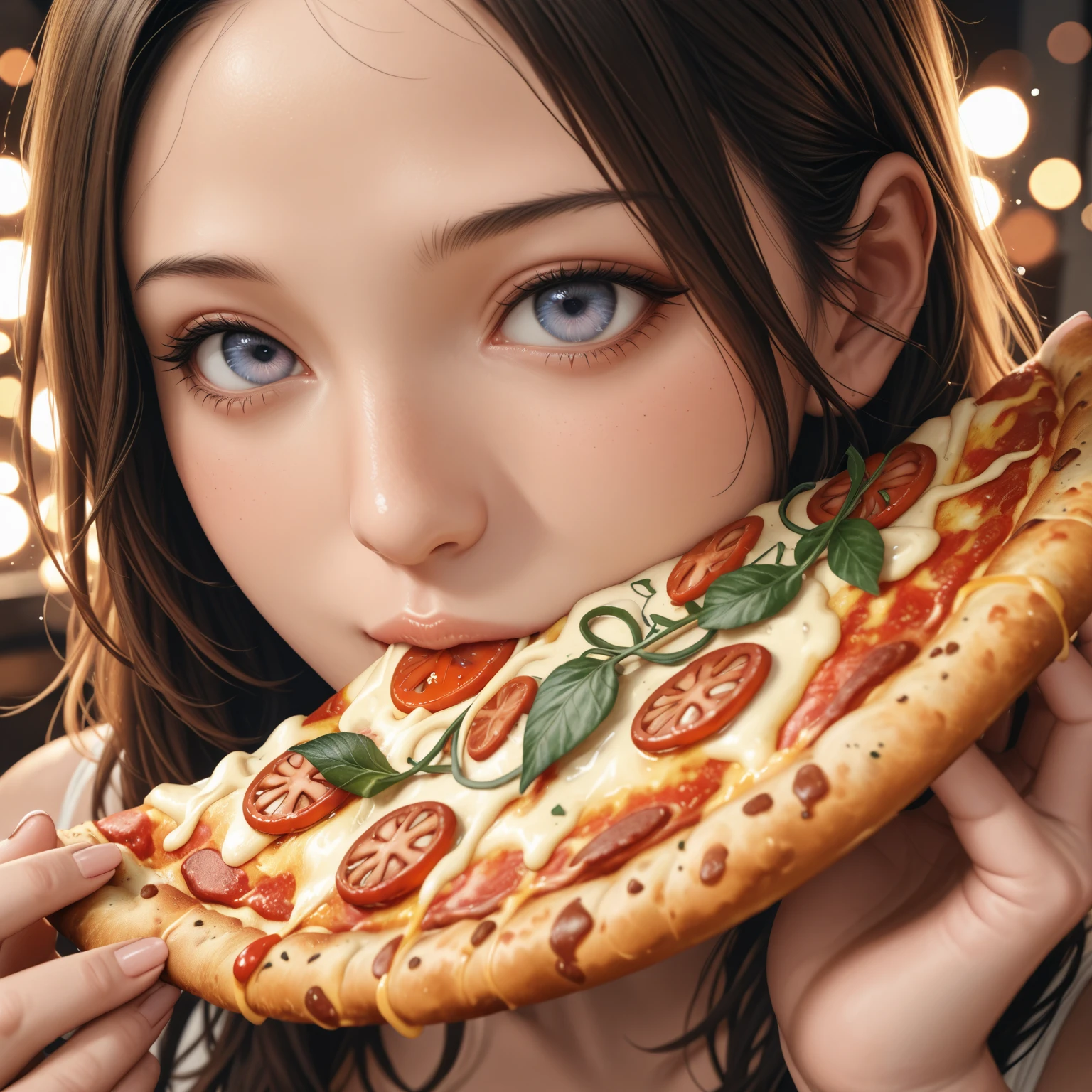 close-up of Botticelli's Venus eating a slice of pizza --auto --s2