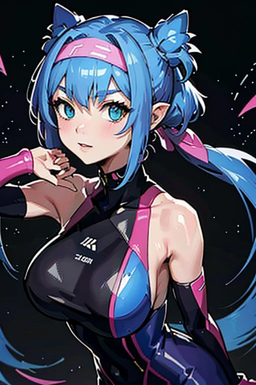 Cascading down her back, her long, vibrant blue hair radiates a mesmerizing sheen, flowing like liquid silk. It’s elegantly styled into a high ponytail, with soft, playful bangs framing her striking features, giving her an air of both grace and strength. Her piercing green eyes are slightly slanted, exuding a sharp intensity that hints at her cunning and determination. They are the kind of eyes that seem to see right through any facade. Her skin boasts a warm tan, kissed by the sun, enhancing her dynamic appearance and hinting at a life of adventure under open skies. She dons a sleek, futuristic suit that clings to her athletic form, a bold fusion of purple and pink hues accented by electric cyan and light blue. The design is reminiscent of high-speed racing gear, complete with sculpted shoulder pads and fitted gloves that suggest agility and readiness for action. A striking yellow-gold flower emblem adorns her , symbolizing resilience and beauty amidst the chaos. Atop her head, a stylish pink headband or visor-like accessory adds a modern twist, framing her confident demeanor. This character embodies power and confidence, radiating an aura of a seasoned fighter poised for battle in a sci-fi universe. Her tailored, sporty ensemble and commanding presence suggest not only athleticism but also a capability for swift, decisive action. With her sharp features and determined gaze, she is truly a force to be reckoned with, ready to face any challenge that comes her way., (105.55),klan klein, b1mb0, Nightgown, 