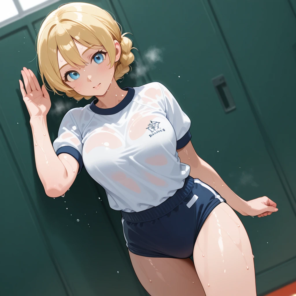(Perfect body),Best Quality,16 K、((((Short stature))))、nsfw、((((Lori))))、(light blue striped panty lash)))、(long)、(a blond),(Sweat)、(Blue Eye)、((flat-chest))、(((thick thighs)))、Armpits、Squatting、Locker Room