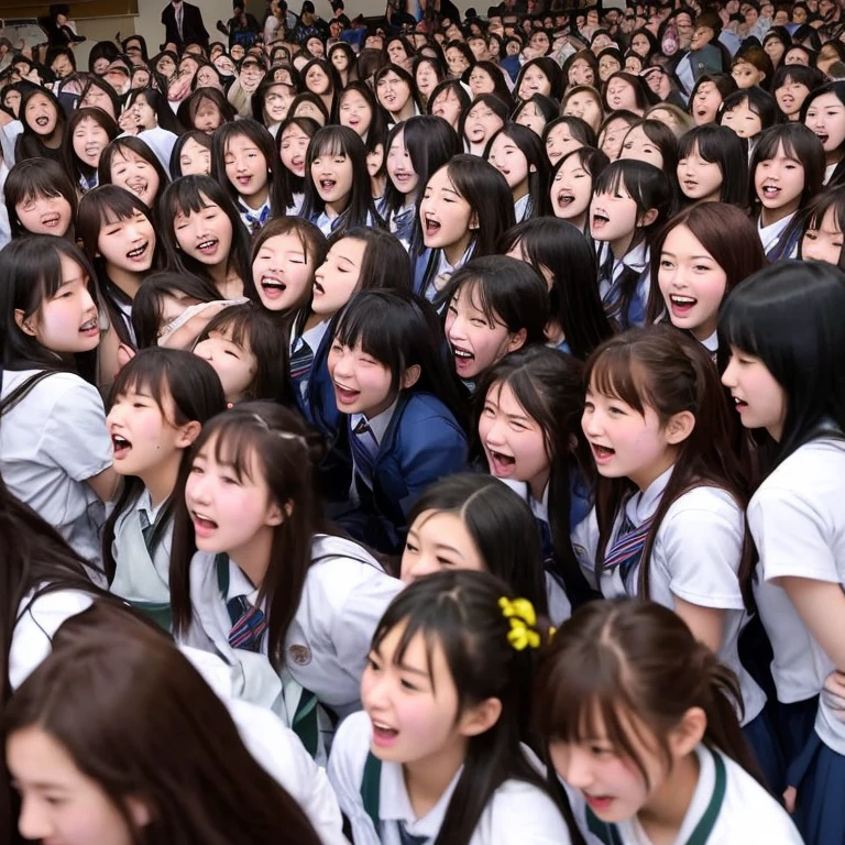 An ultra-high picture quality、realisitic、1000 high school girls　Japanese high school  girl　in group photograph　Crowd of schoolgirls　Surrounded by many high school girls　Being looked down upon by many high school girls　Thousands of schoolgirls,1000 high school girls、Thousands of schoolgirls are watching us、ultra-detailliert、Realistic、Crowded train full of high school girls、Train with a lot of high school girls、full house、Tens of thousands of schoolgirls　Looked down upon by everyone