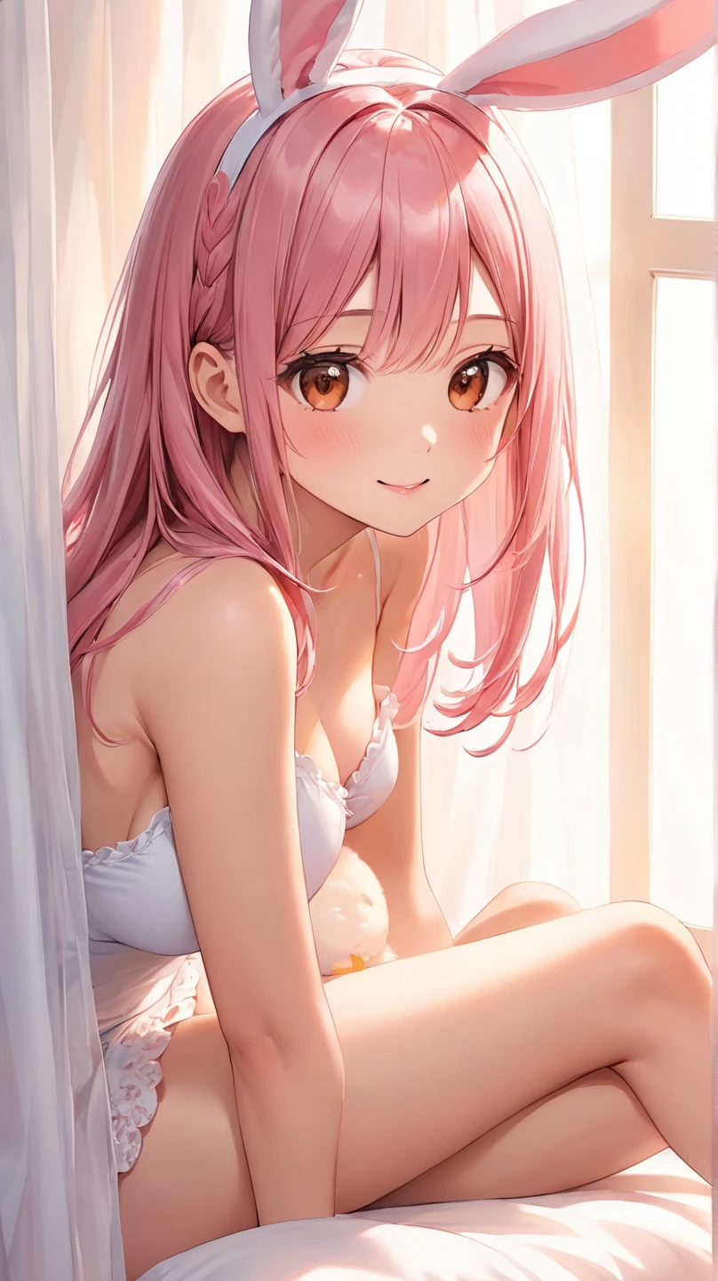 (Best Quality,High resolution,8K,finelity detailed background,Masterpiece:1.2),beautiful girl,Shiny pink hair,messy hair,Pink eyes,Gentle look,A refreshing look,Best quality,Best Quality,Aesthetic and aesthetic:1.2,Best details((Super detailed))(High-definition CG illustrations),cuteパジャマ,Slender body,night,Moonlight,Bedroom,On the bed,smile,blush,cute,Scrounge,Looking up,Being spoiled,super model,wariza,shoot from below