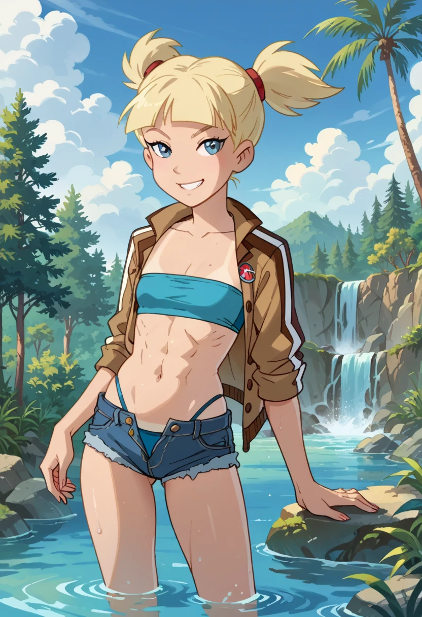 Photorealistic, fullshot, natural blonde woman, 3, athletic, confident, happy, beach setting, graphic rock singlet, cargo shorts, natural pose