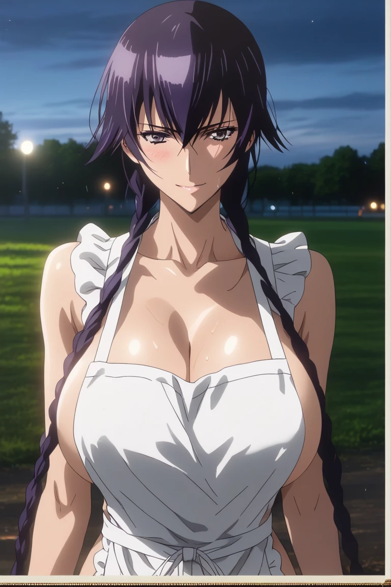 (megami magazine, anime poster style, shueisha style, anime cels style, best quality, high resolution), Yui kotegawa, long hair, black hair, (beautiful detailed eyes:1.8, beautiful face:1.5), 1girl, cute, (sagging large breasts), cleavage, (black maid bikini:1.5, waist apron), cowboy shot, maid gloves, elbow gloves, outdoors, farm