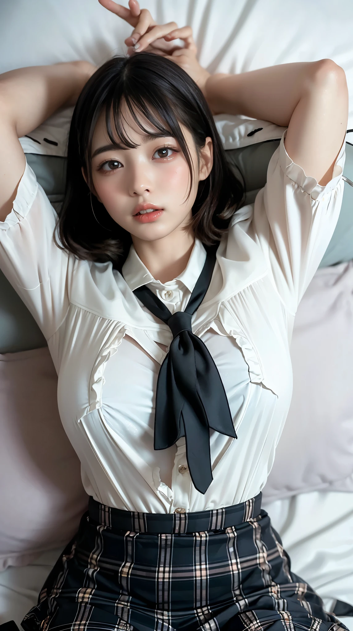 masterpiece, best quality, illustration, Super Detail, fine details, high definition, 8k,wallpaper, perfect dynamic composition,(Detailed and high quality, eyes:1.3), girl lying in bed, short hair, (Wave Hair:1.2), high school classroom、high school girl uniform、super mini check uniform skirt that boldly stretches both legs、Colossal 、Disturbed Uniforms, Big Breasts, beautiful nipples, black hair, big natural colored lips, Bold Sexy Poses, I'm crying a little、Harajuku style、20 year old girl、cute type、ta、hotel room, sexy shot from the front of the shot, Makeup, (lies on her back, sleeps in bed), ((aerial shot)),((lie on your back, angle looking down 上記)),((looking up at the audience))