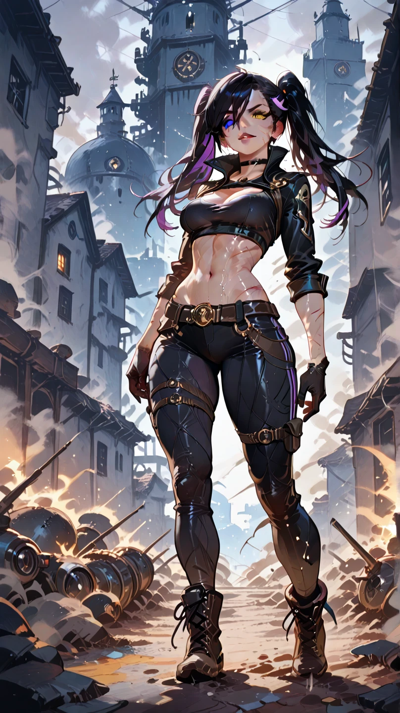 cinematic lighting、highest quality,cyberpunk world、1 female、(25 year old beautiful woman、Detailed beautiful facial features、medium hairの紫髪、shoulder length hair、messy hair、blue eyes、profile:1.4)（seductive pose、crazy smile:1.6）break,medium hair、（明るいpurple hair:1.5）
BREAK
((dark leather rebellion) theme),（damage Rock tee:1.3） (full leather outfit with a fitted darkpurplecolor leather jacket, leather pants, and chunky boots:1.1), (accessorized with silver  jewelry and a studded leather belt:1.3)、BREAK.（purple hair、sexy pose）
（Evening after the rain、You can see the sunset、A place where you can see futuristic buildings in the distance、A wet place right after the rain:1.2）BREAK（portrait angle）