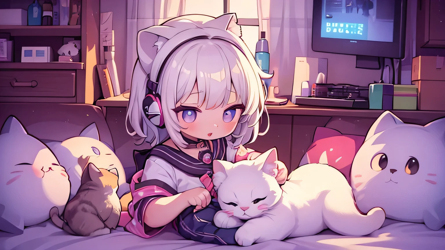 a woman wears a casual clothes with cat ear, blue eyes, high quality, 4K, Beautiful, White Hair, Surrounded by teddy bears, long hair, Anime style, Studying, in pink room, Happy, Smiling