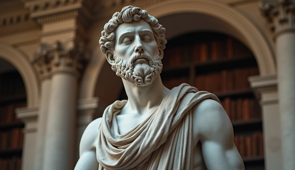 imagem preta e branco, A carefully detailed realistic Greek white marble statue of Marcus Aurelius wearing a ghostly toga, fundo sombrio, Moody, , fotorrealista, Jantar de cinema atencioso, super detalhada, Hiper realista, pouca luz, 8k