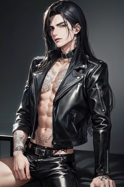 photography of a heavy metal star, a solo man, (((man))), (masculine face), 25 years old, singer, bad boy, (black eyes), expressive look, long dark blue black hair, (((bar background))), straight hair, blueshine hair, unshaven, black leather jacket, (long sleve jacket), leather pants, chest tattoo, super detailed face, perfect body, perfect shapes, perfecto hands, realistic image, award winning photography, 8k,