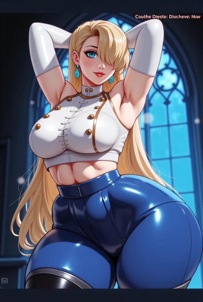 young girl, blue eyes, blue Pullover, black long skirt, whole body to see, smiled, excited, moans, blond long hair, (( very wide hips)), (((colossal Thighs, gigantic thighs, very huge thighs, very big thighs))), sexy pose, wet clothes