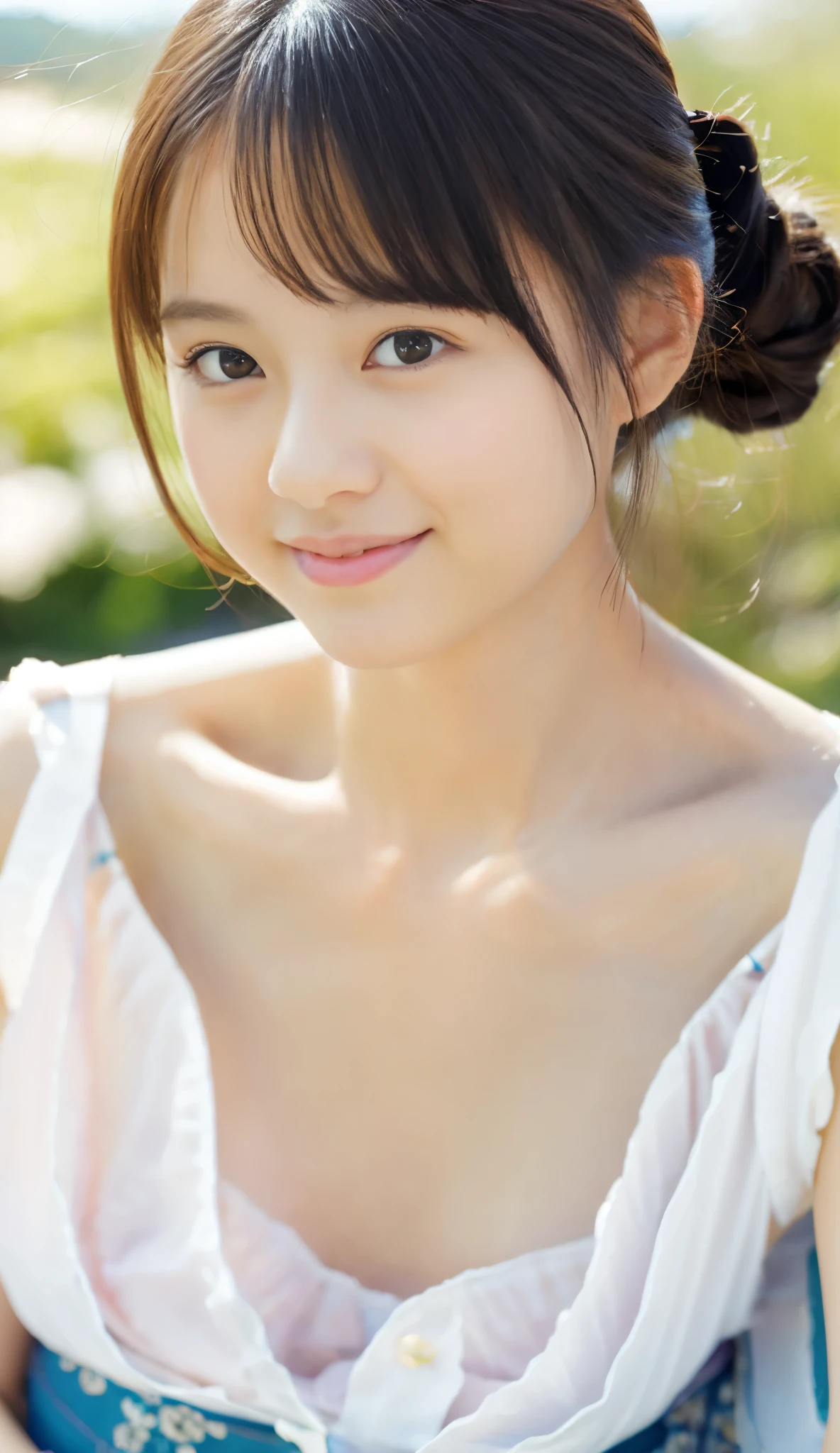 ((Top Quality, 8K, Masterpiece: 1.3)), Sharp Focus: 1.2, (Super Beautiful Face: 1.0), (Slender Abs Beauty: 1.0), (Shiny Skin: 1.0), Realistic Photography, Black Hair, Realistic Pupils, Video Lighting, High Definition Eyes and Face, Video Lighting, (Cowboy Shot: 1.3), (Japanese Cute Actress), in nature, naked, happy, head on