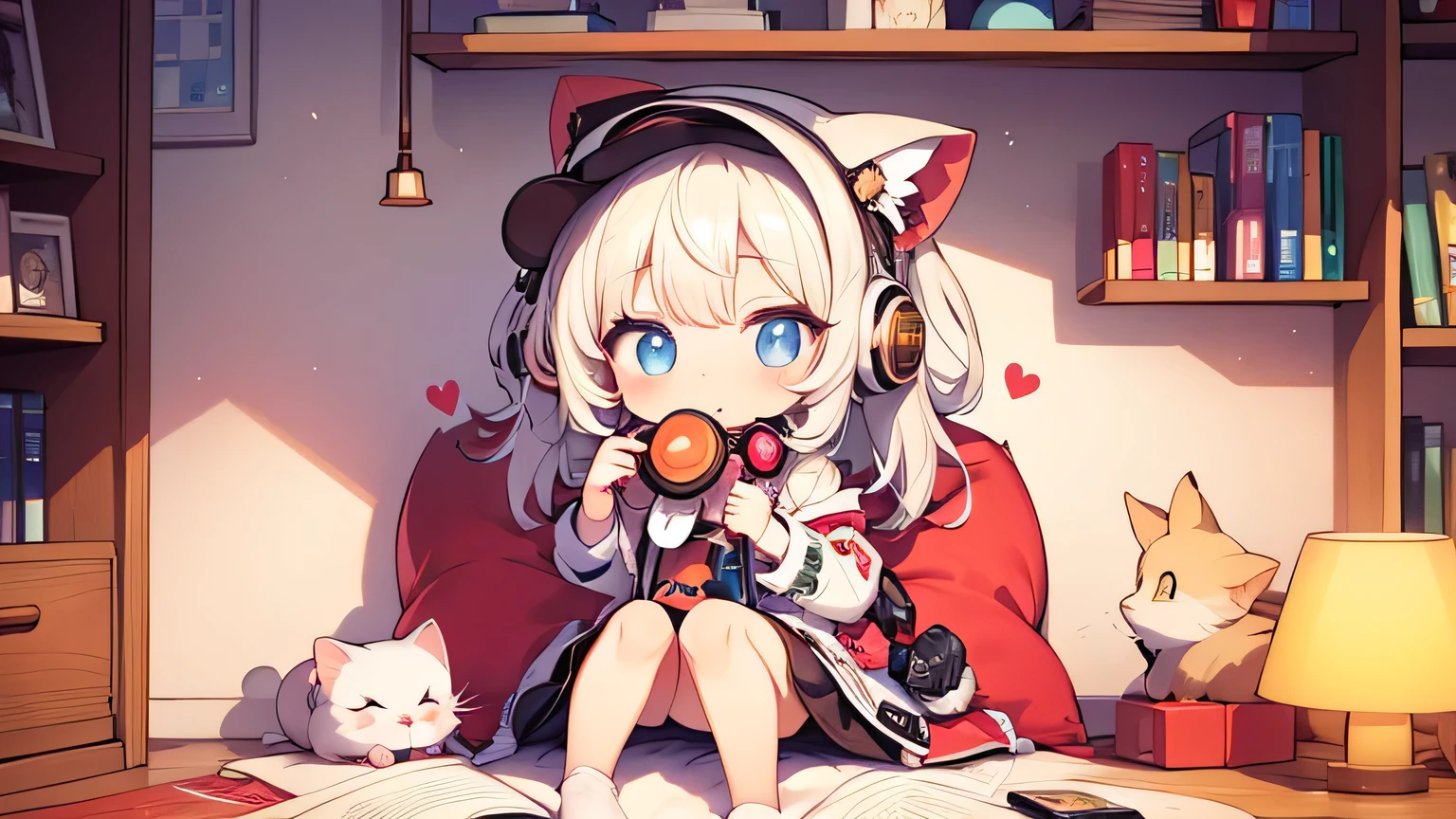 Anime boy with ears and round glasses in the form of white and red caramels, there are a lot of candies and sweets in the shape of cats around. Feeling, that everything is not real