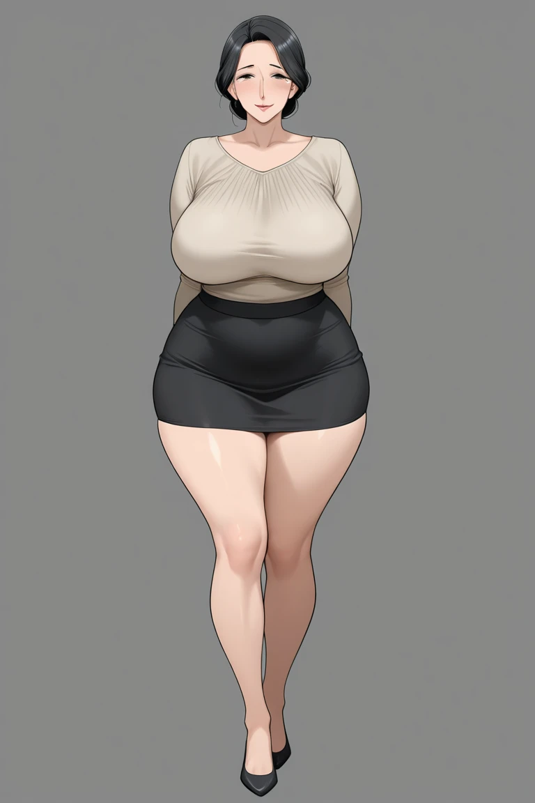 (NSFW), Misae Nohara, milf, thick thighs, sexy legs, hourglass figure, half naked, Looking at the viewer with seductive eyes exposed breasts, brown short black hair, (seductive expressions), seductive pose, hard nipples, exposed vagina, best quality, highres, bbyorf, gold earrings, large breasts, jewelry, off shoulder, red transparent sweater black stockings, high heels, sweater transparent dress, long sleeves, no panties, outdoors,