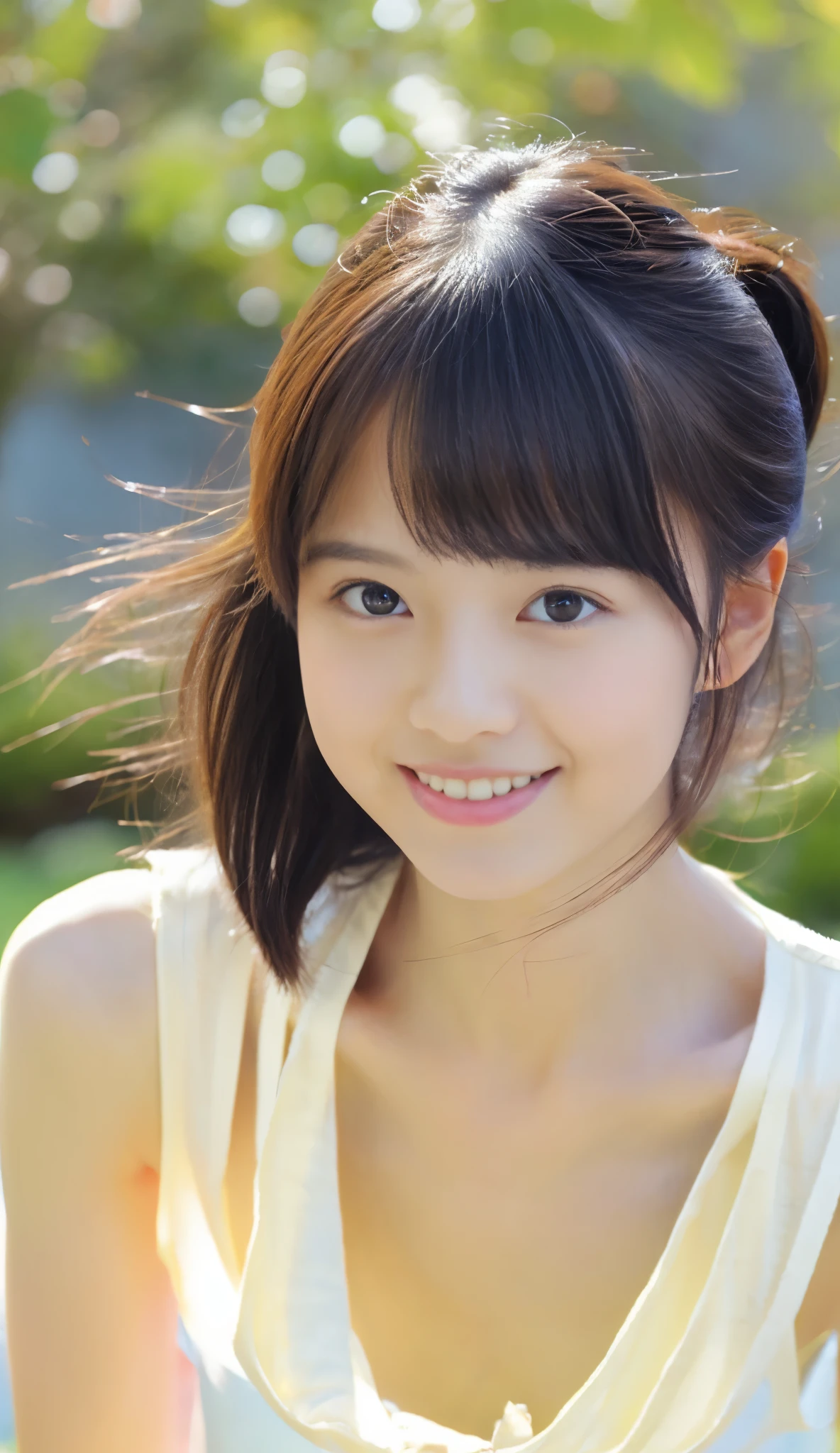 highest quality, High resolution, realistic pictures, detailed skin texture, (Cute 10 year old Japanese girl wearing a short white camisole), (flat chest:1.5), towards the camera, slim body shape, Fair skin, view audience, focus on face, (close up of face:1.2), long straight hair, In the park with cherry blossoms falling, smile, (loli:1.2)