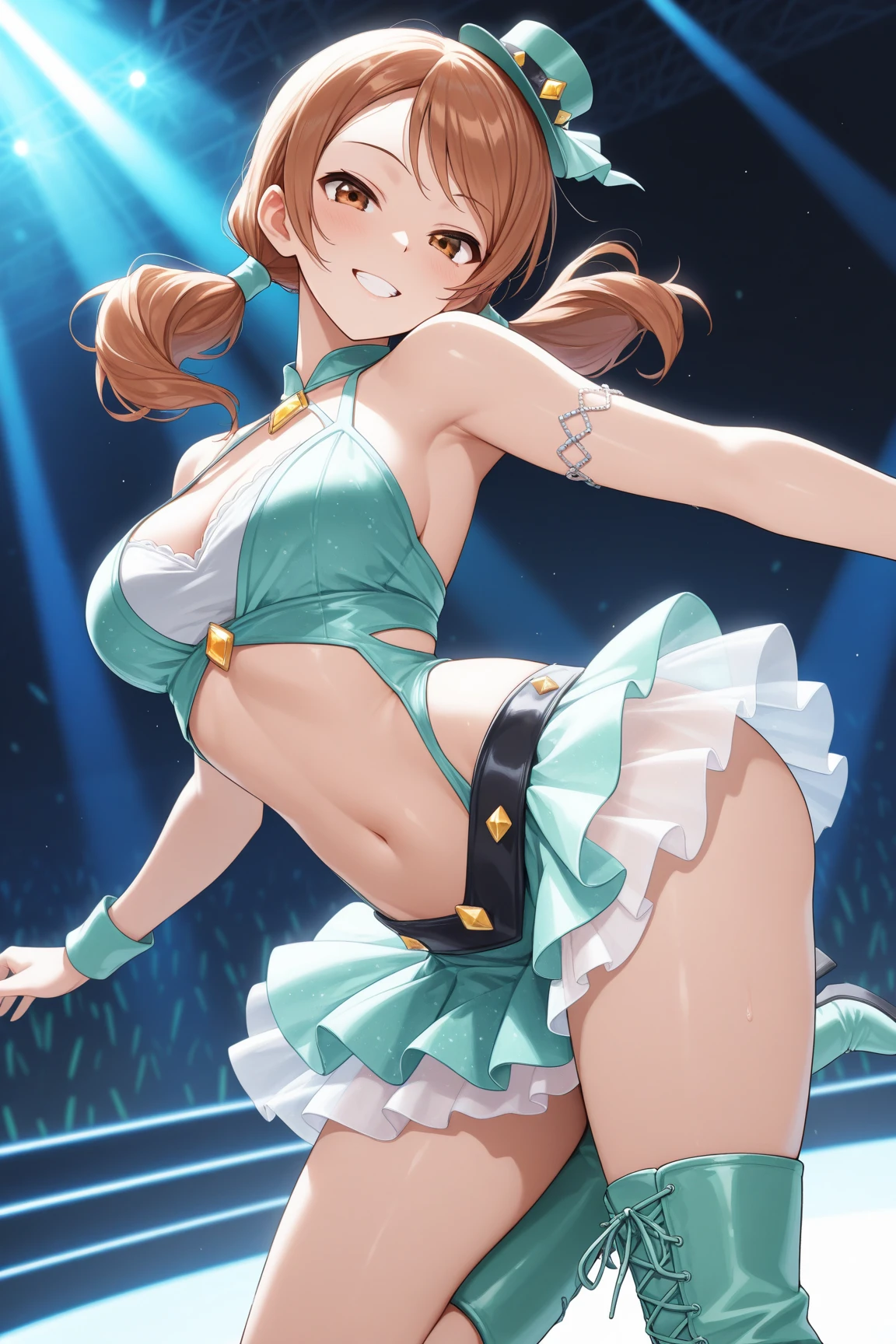 sexy dance show,silence suzuka ,Umamusume,Ultra-detailed face,top-quality,Smile,Live Stage,Stage costumes,(Horse tail),sing a song,ultra miniskirt,navel,micro panties,clearvage,erected nipples,see through nipples,sweat,from below,spread legs