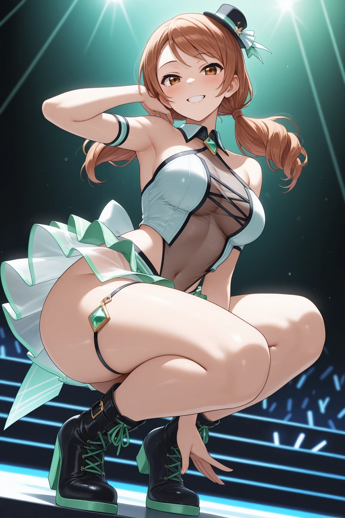 (pov) masterpiece, extremely detailed, RAW 32k wallpaper, long exposure, lying on lap, big-closed view from behind. (Tanned blonde, green eyes, no thong, one hand flexed upwards.), pecker, with 
((man and woman)). ((Dark red hair, light blue eyes)),((hugs)), ((grab her botty (1 man) tight)), soapy body, big detailed botty, micro skirt), legs, oiled shiny skin, dripping liquid, topless --auto --s2