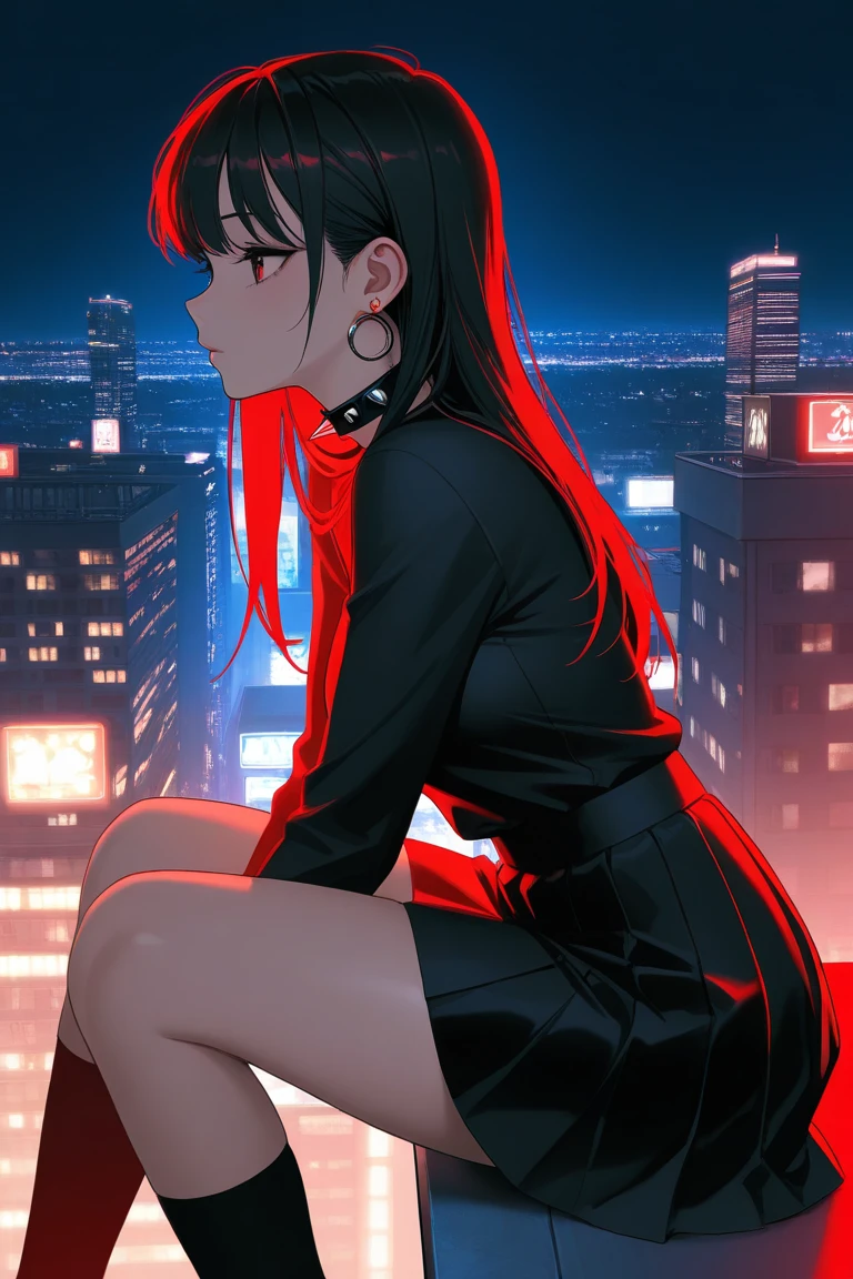 (masterpiece, best quality),  8K, 1girl, black long hair, expressive red eyes, wearing leather jacket and leather shorts, sits on the top floor of a skyscraper, hesitantly looking at the cityscape, rainy day, hazy sky, city lights, girl's back view  