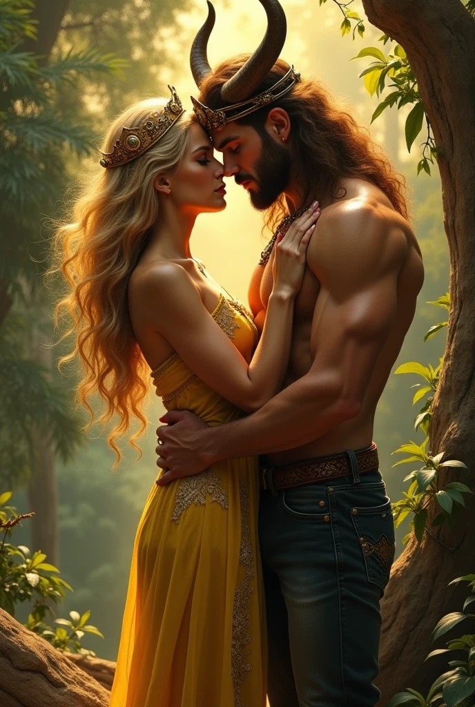 A young, slightly muscular indigenous man kneeling beside a sweet, long-haired blonde European woman of royalty.