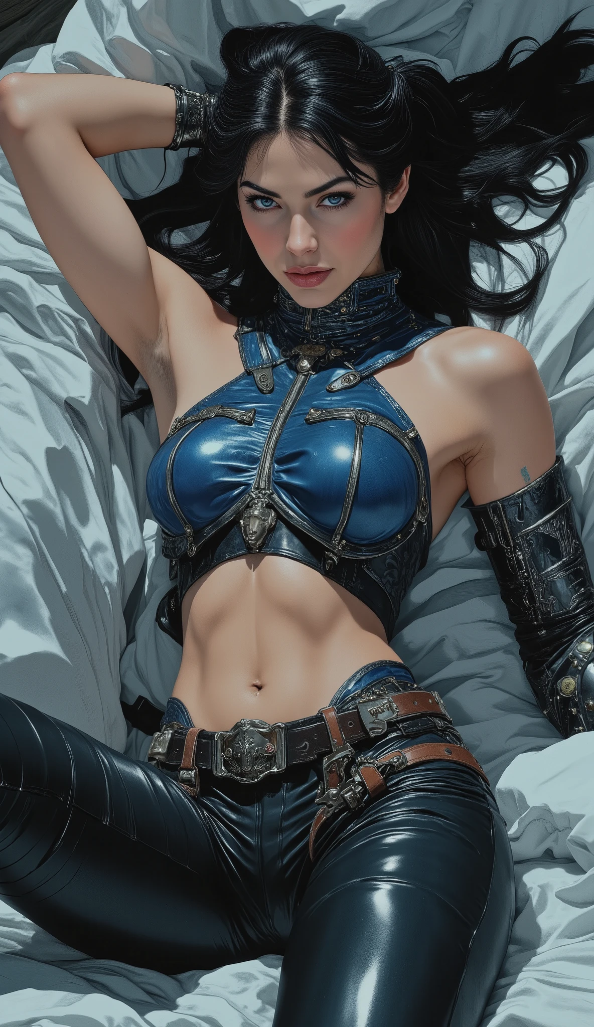masterpiece, best quality, ultra-detailed, (stunningly beautiful woman:1.3) with (lustrous long black hair:1.2) and (wispy scattered bangs:1.1), (exquisite symmetrical face:1.2), piercing (cold arrogant gaze:1.2), (athletic fit physique:1.1), (flawless alabaster skin:1.2). She wears a (fantasy-style high-neck sleeveless leather breastplate top:1.3) in (dominant sapphire blue and obsidian black, with subtle silver trim and white accents:1.2), revealing a (slender firm waist:1.2), paired with (form-fitting black leather pants:1.2) showcasing her (long, powerfully alluring legs:1.2). (Ornate dark metal bracers:1.1) adorn her wrists. (Posed lazily yet provocatively and sensually on a silk-sheeted bed:1.3), embodying a (seductive and enigmatic fantasy female swordmaster:1.2). Exquisite mature illustration art style, intricate details, dramatic chiaroscuro lighting, sharp focus, professional digital painting reminiscent of WLOP and Frank Frazetta, trending on ArtStation, cinematic atmosphere, dynamic composition, high fashion concept, magical realism.