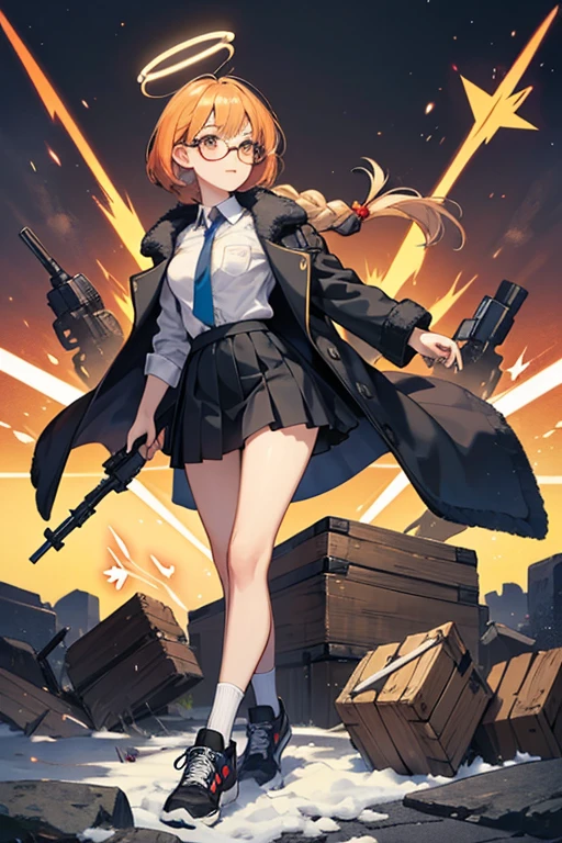 masterpiece、highest quality、Ultra-high resolution、Maximum resolution、Very detailed、Professional Lighting、anime、woman、thin、so beautiful、high school girl、blazer、Has a submachine gun、Mischievous、Reddish brown hair、Short Hair、Earrings、Fingerless Gloves、Beautiful eyes、Gloss Lip、Tactical Boots、Equipped with transparent orange shooting glasses、Equipped with a chest rig、Standing alone on the battlefield、Aggressive pose