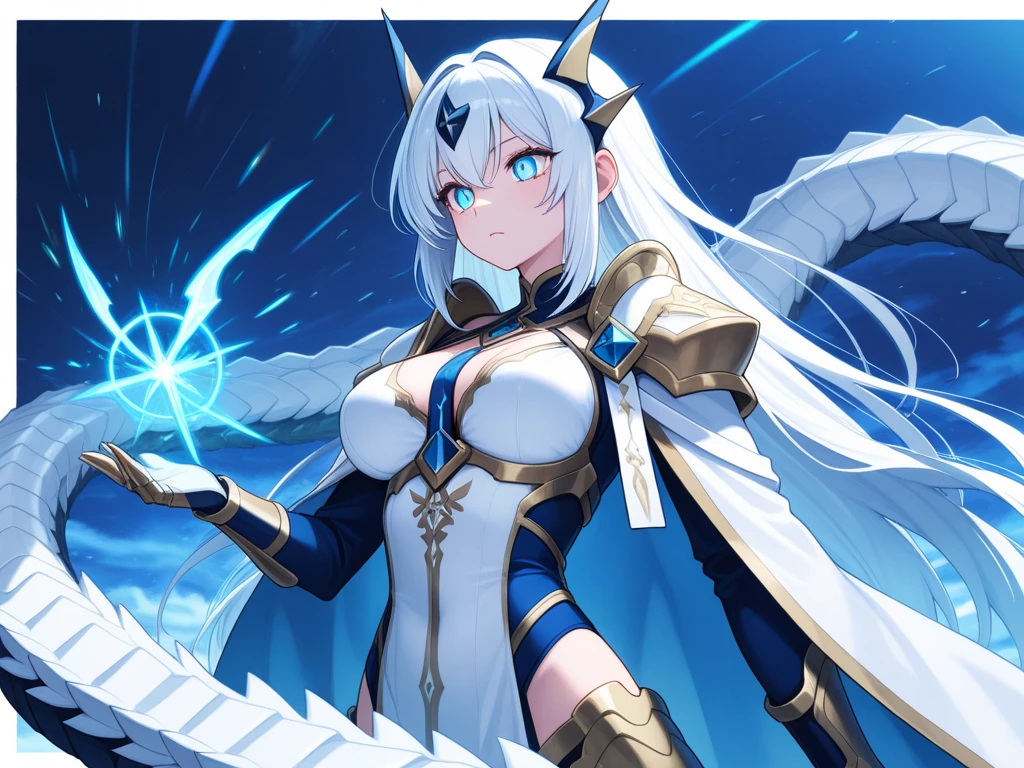 beach, ashe \(league of legends\), 1girl, cowboy shot, looking at viewer, hand on hips, blue eyes, breasts, cape, dress, gloves, hood, league of legends, long hair, short dress, solo, thighhighs, white hair, bandages,