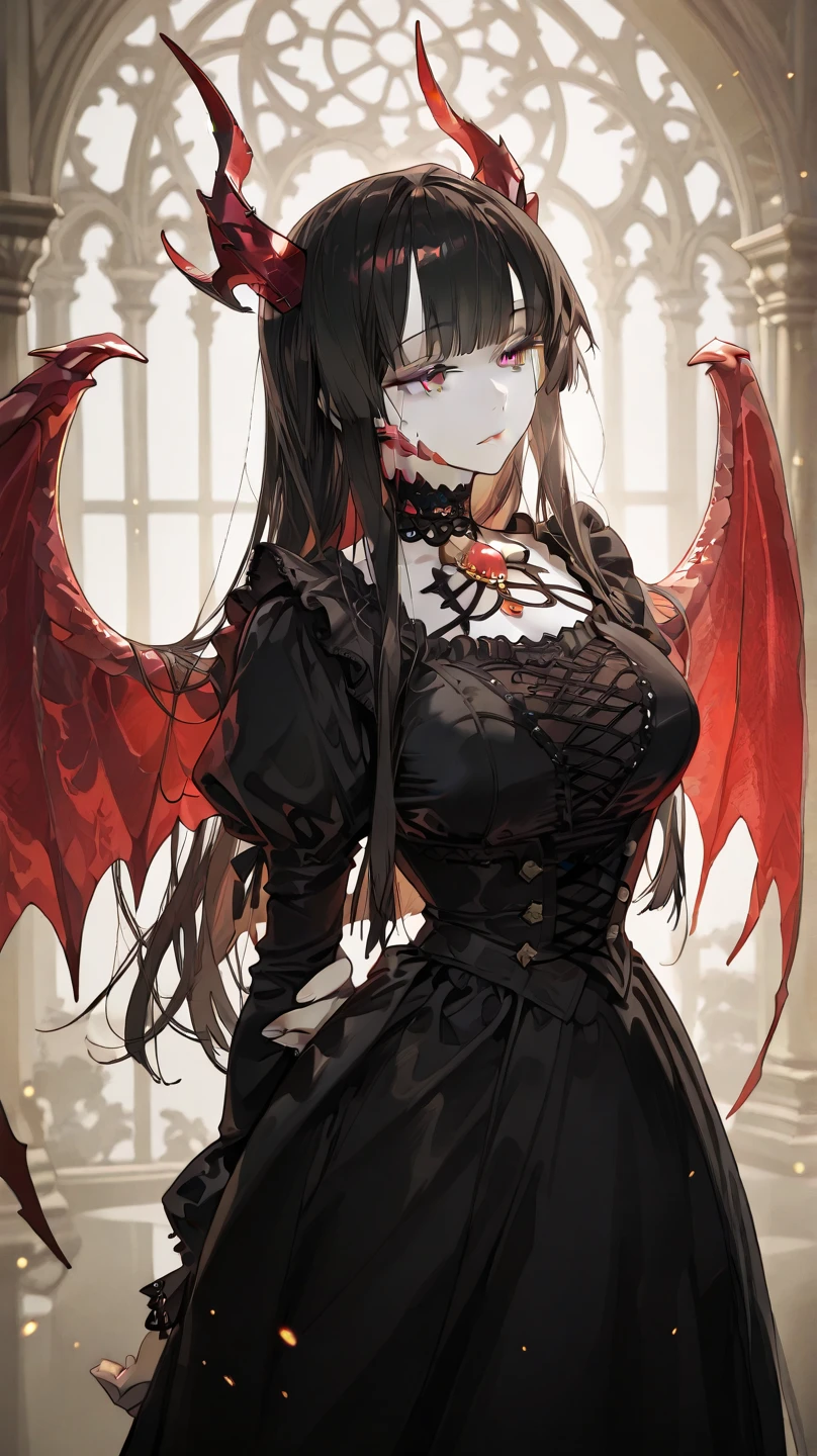His chest was covered in blood、Anime girl with blood dripping from her chest, gapmoe Yandere grimdark, Shatia Bradfren, Bad guy anime 8k, Yandere intricate, portrait gapmoe Yandere grimdark, Vampire Girl, bloody + Concept Art, Yandere, Anime style 4k, Blood at the corner of mouth,Small tiger teeth,Devil Wings, Gothic girl anime long skirt,Red Moon,castle