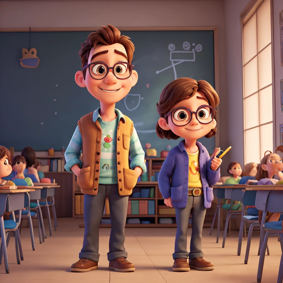 Cartoon of two kids at school together, 3D Animation Movie Poster, Poster de filme animado, pixar 3 d animation style, pixar renderman rendering, all wearing uniforms of dark blue shirts closed without buttons and light jeans, Disney Pixar Animation Poster