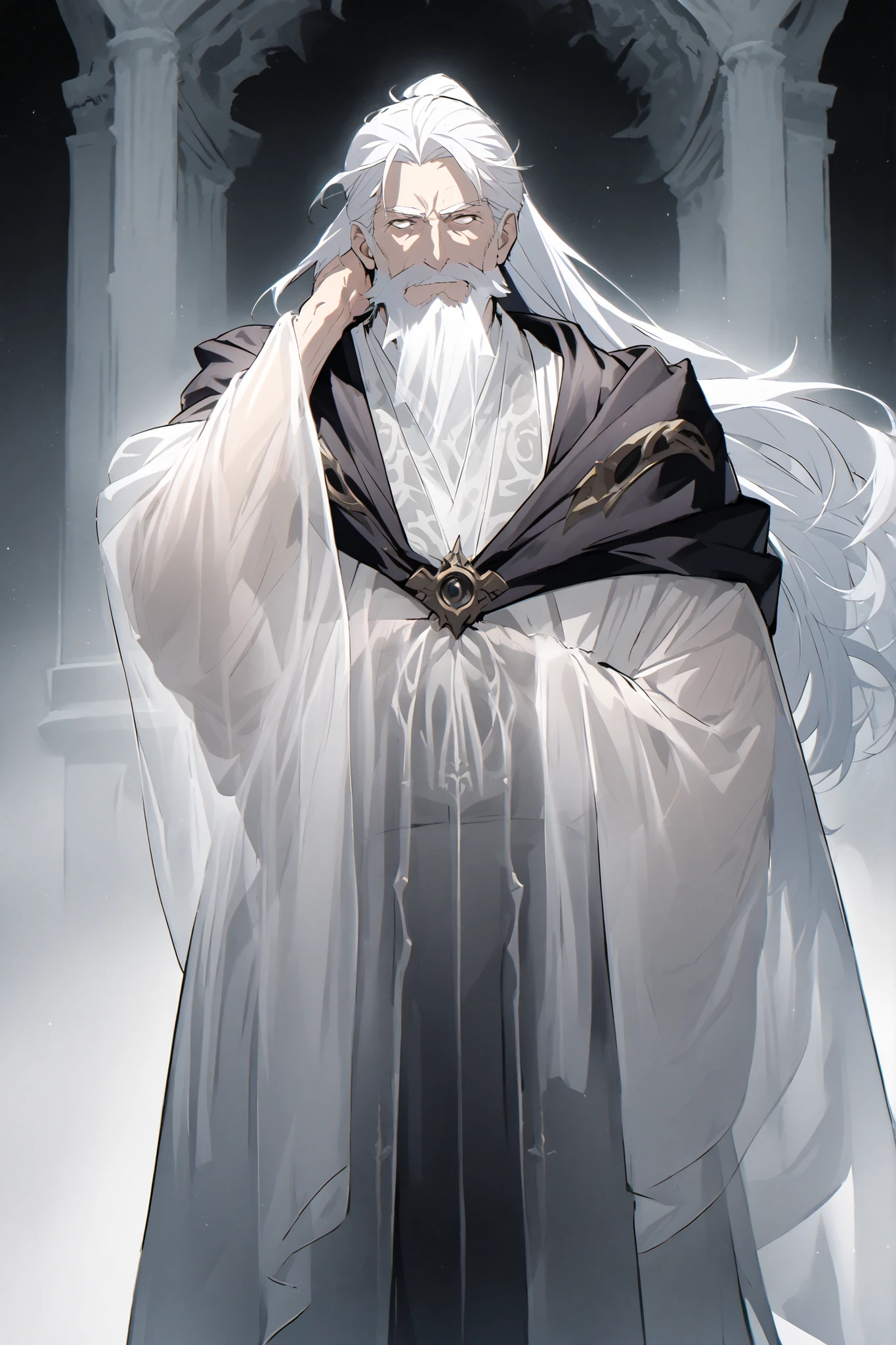 Solo, Male, Elderly, Long White Beard, Long White Hair, Ponytail, Overseer Robes, Adviser, Ghostly Appearance, ((See-through)), Dream Plain background,