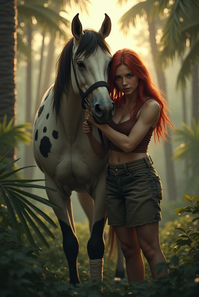 tmasterpiece，best qualtiy，（photography of，Photogenic，photore）Gorgeous full-body portrait of a 20-year-old centaur，(Red long-haired:1.4)，hair straight，long whitr hair，vivd colour，Kodak Porter，walking on grass，（（Wearing underwear）），exposing your navel，(s the perfect face)，ssmile，(Bigboobs:1.2)，cleavage，Raised sexy，Big breasts Thin waist，(Brown horse)，Put your hands behind your head，Raised his hand，Expose the armpits，highr，Get close to the lens，big beatiful eyes，Slim abs
