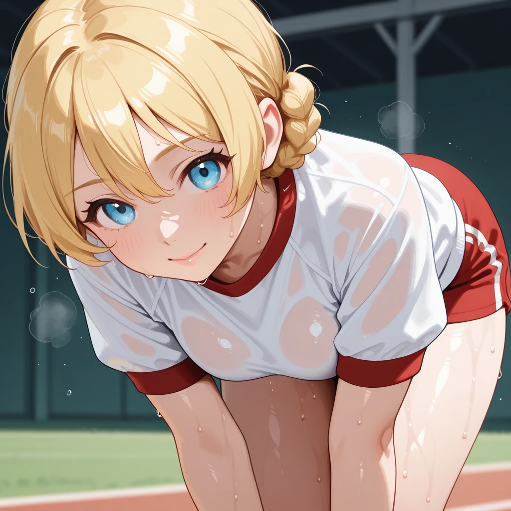 mari_\(blue_archive\), nsfw, masterpiece, 1 girl, erect nipples, intricately detailed, topless, navel, shorts, gym outfit, bare shoulders, track field, erect nipples, puffy nipples, extremely detailed, game, small breasts, nipples, bare stomach, sweaty, moist breath, flat chests, white headband, small breasts, collarbone, sweaty, orange hair, sitting, smiling, sweaty, aqua eyes, animal ear