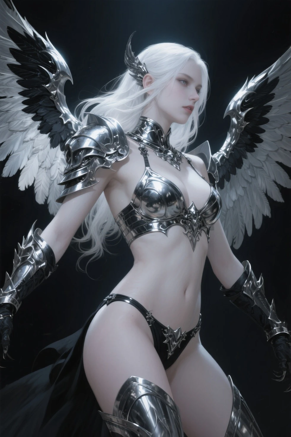 arafed woman in a black and white outfit with a sword, ornate bikini armor, pale black armor, fantasy outfit, wearing shiny breastplate, bladed wings lace wear, 2b, 2 b, black fire color reflected armor, alluring mesmer woman, intricate outfit, close up half body shot, ornate attire, scandelous fantasy armor