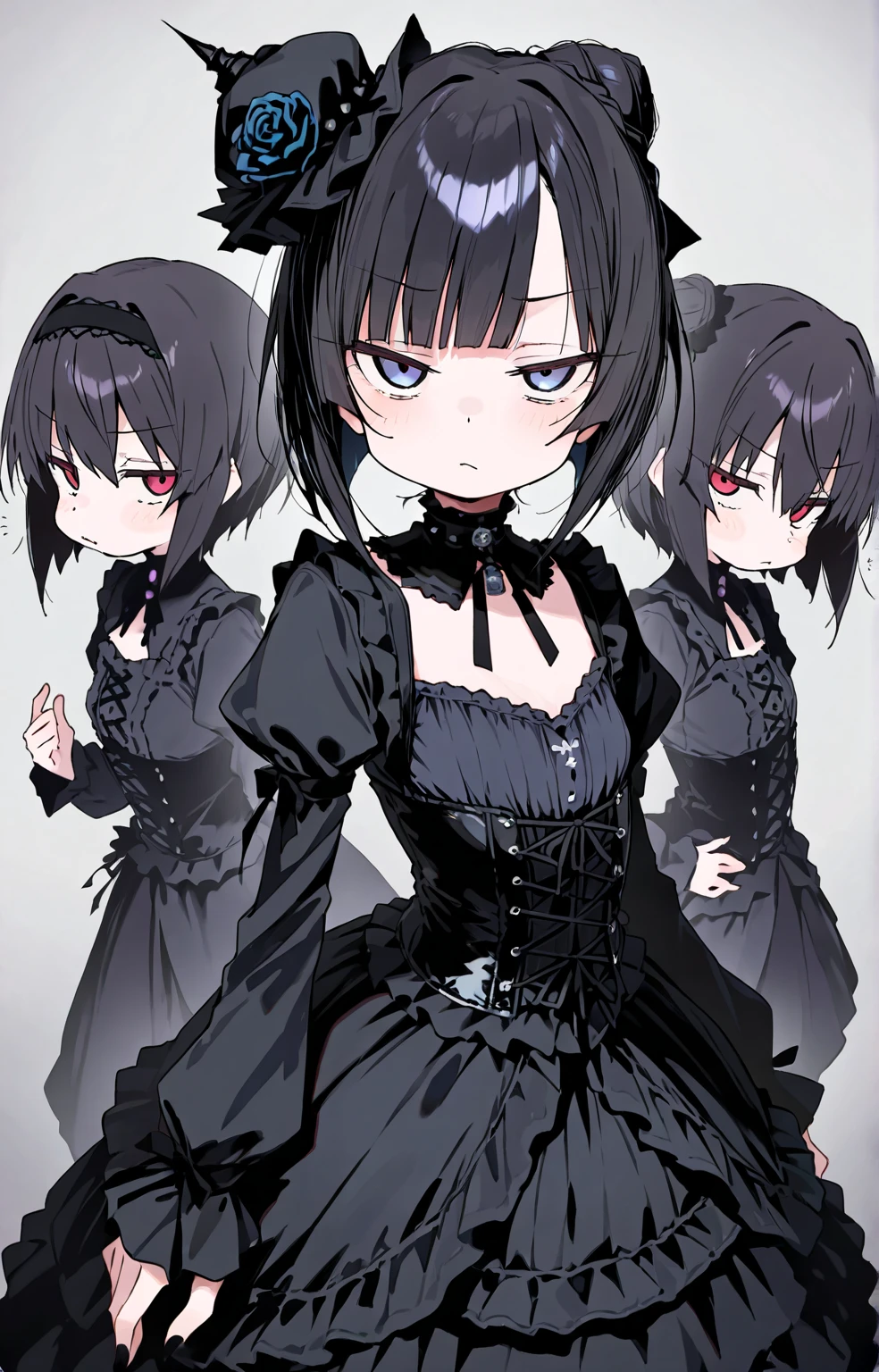 2b, long_sleeves, gloves, dress, cleavage,black_gloves, puffy_sleeves, black_thighhighs, mole, black_dress, clothing_cutout, cleavage_cutout, black_hairband, juliet_sleeves, mole_under_mouth, blindfold, vambraces, covered_eyes, black_blindfold,anime,short_hair,chibi